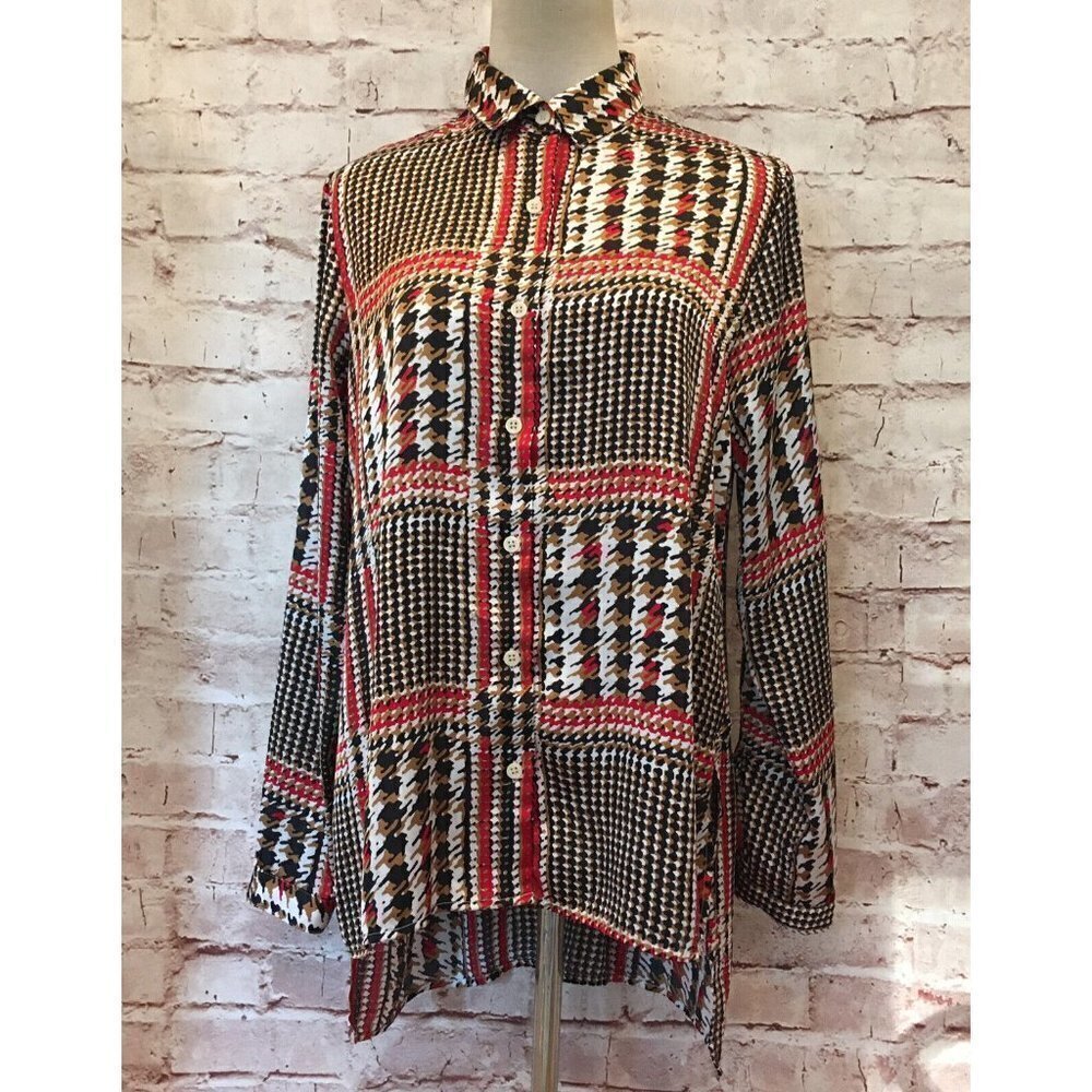 Peck & Peck Womens Classic Houndstooth Button Up Blouse Roll Tab Sleeve Size S